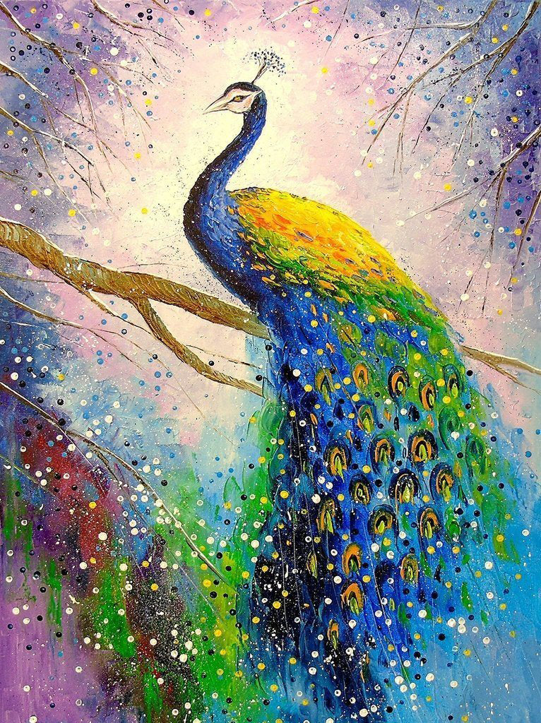 Pauw op een Tak tegen een Achtergrond van Gekleurde Vlekken Diamond Painting