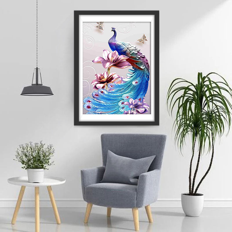 Pauw op Paarse Bloemen en Vlinders Diamond Painting