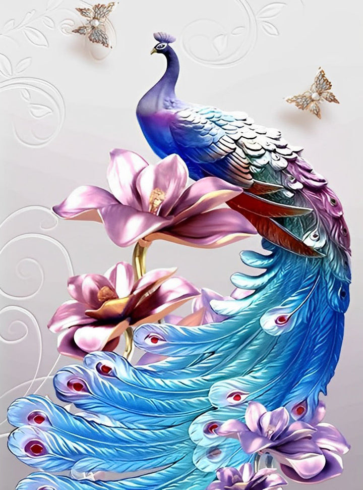 Pauw op Paarse Bloemen en Vlinders Diamond Painting