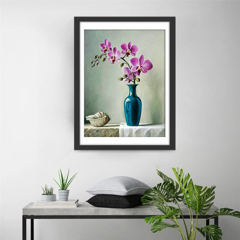 Pauwblauwe Vaas met Roze Orchidee Diamond Painting