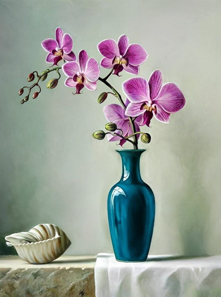 Pauwblauwe Vaas met Roze Orchidee Diamond Painting