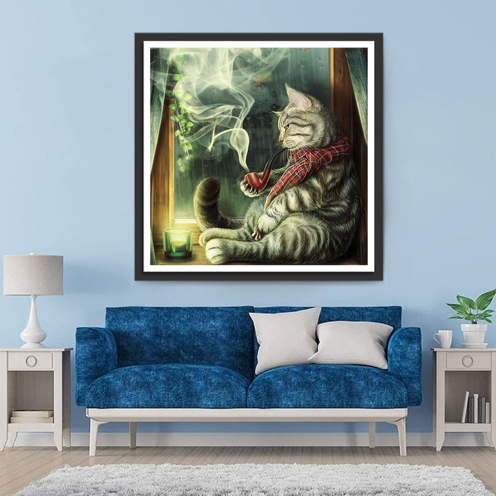 Peinzende Kat met Pijp Diamond Painting