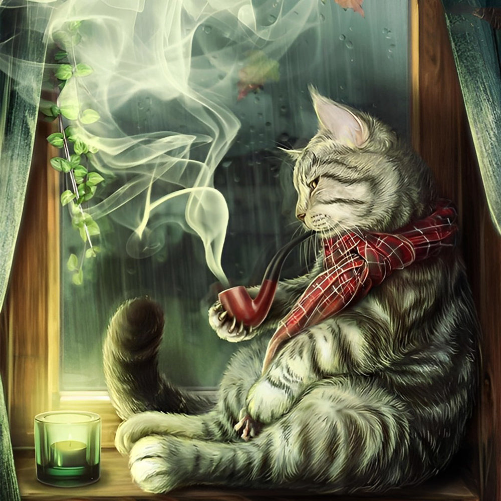 Peinzende Kat met Pijp Diamond Painting