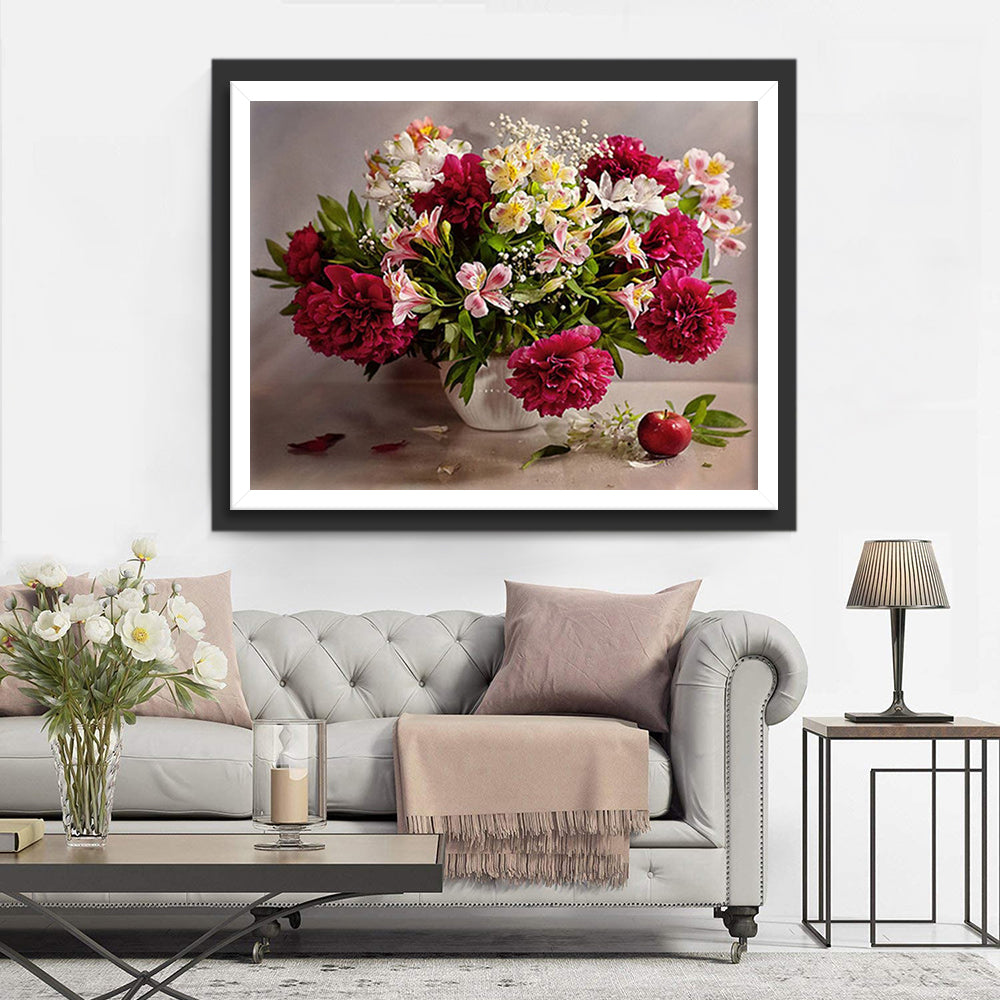 Peonijen, Alstroemeria's met Rood Appeltje Diamond Painting