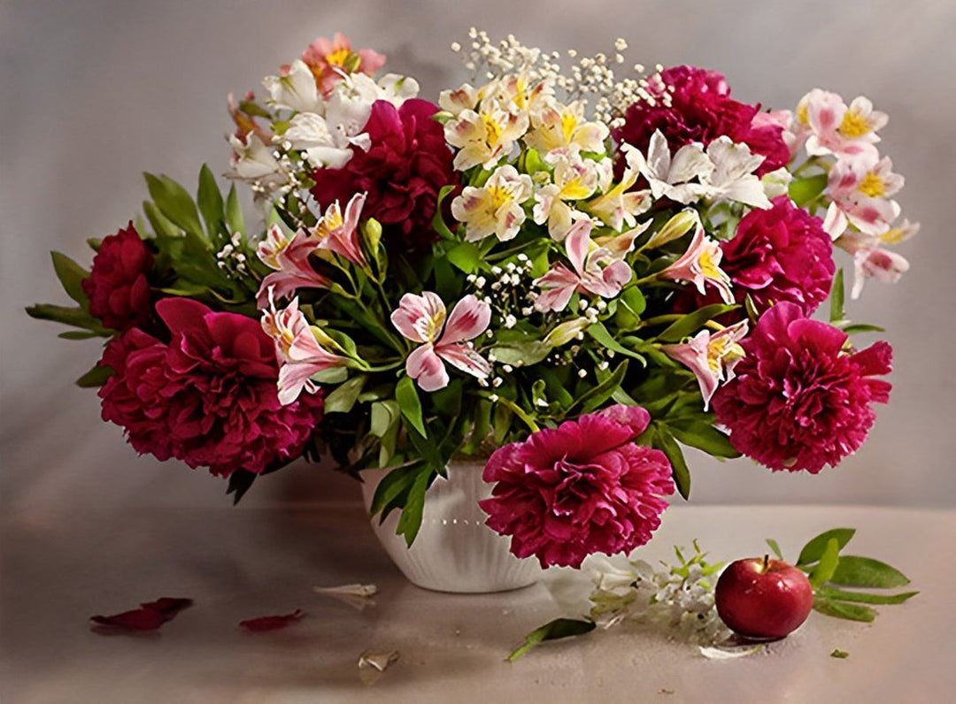 Peonijen, Alstroemeria's met Rood Appeltje Diamond Painting