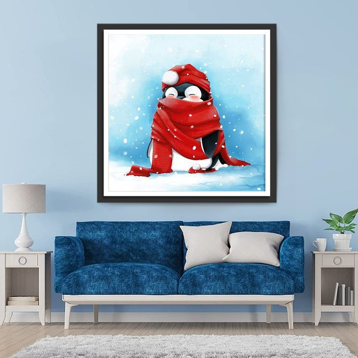 Pinguïn met Rode Muts en Sjaal Diamond Painting