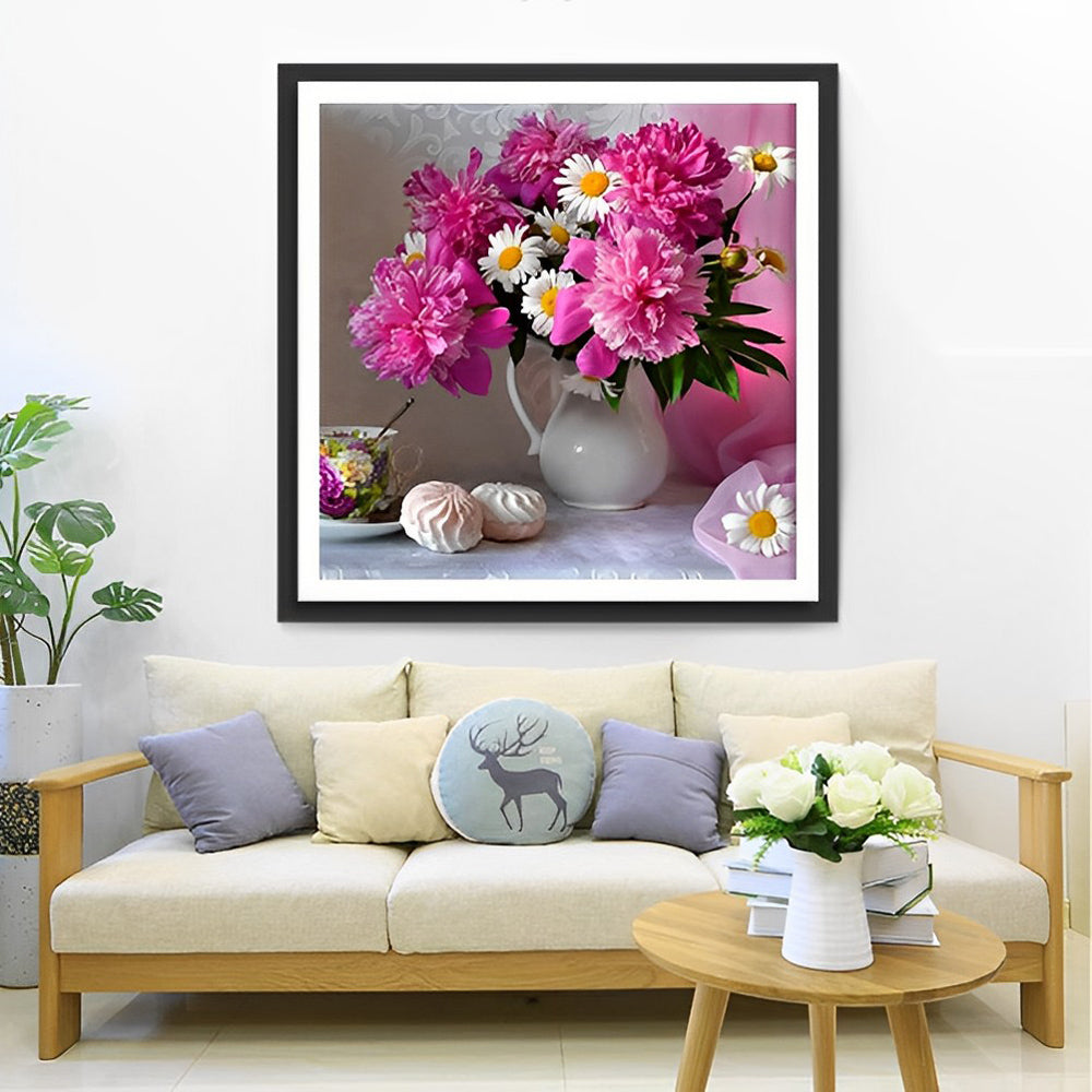 Pioenrozen en Madeliefjes in een Witte Vaas als Teder Decor Diamond Painting