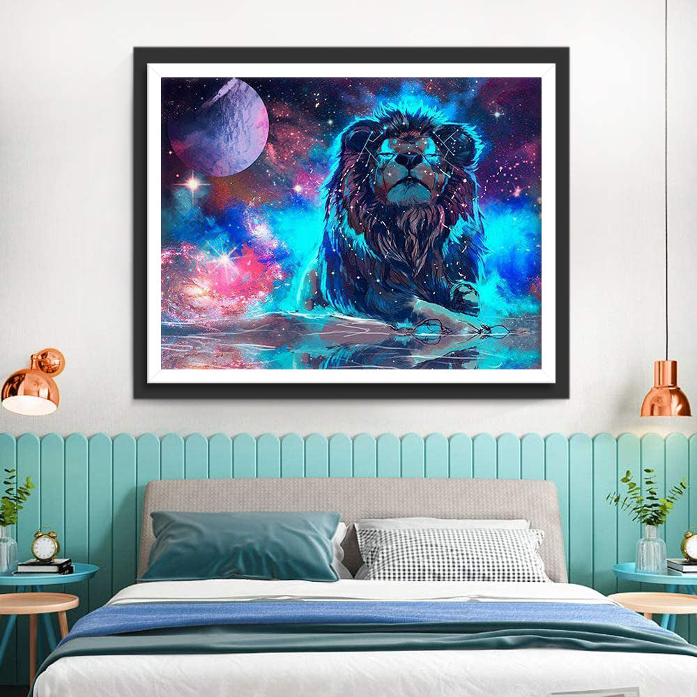 Planeet en Leeuw onder de Kleurrijke Sterrenhemel Diamond Painting
