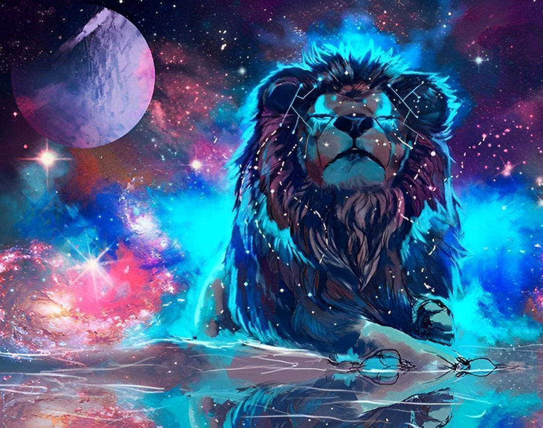 Planeet en Leeuw onder de Kleurrijke Sterrenhemel Diamond Painting