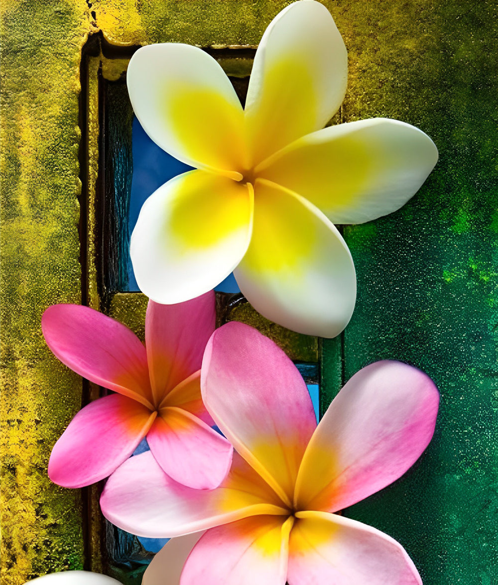 Plumeria Bloemen tegen Kleurrijk Achtergrond Diamond Painting