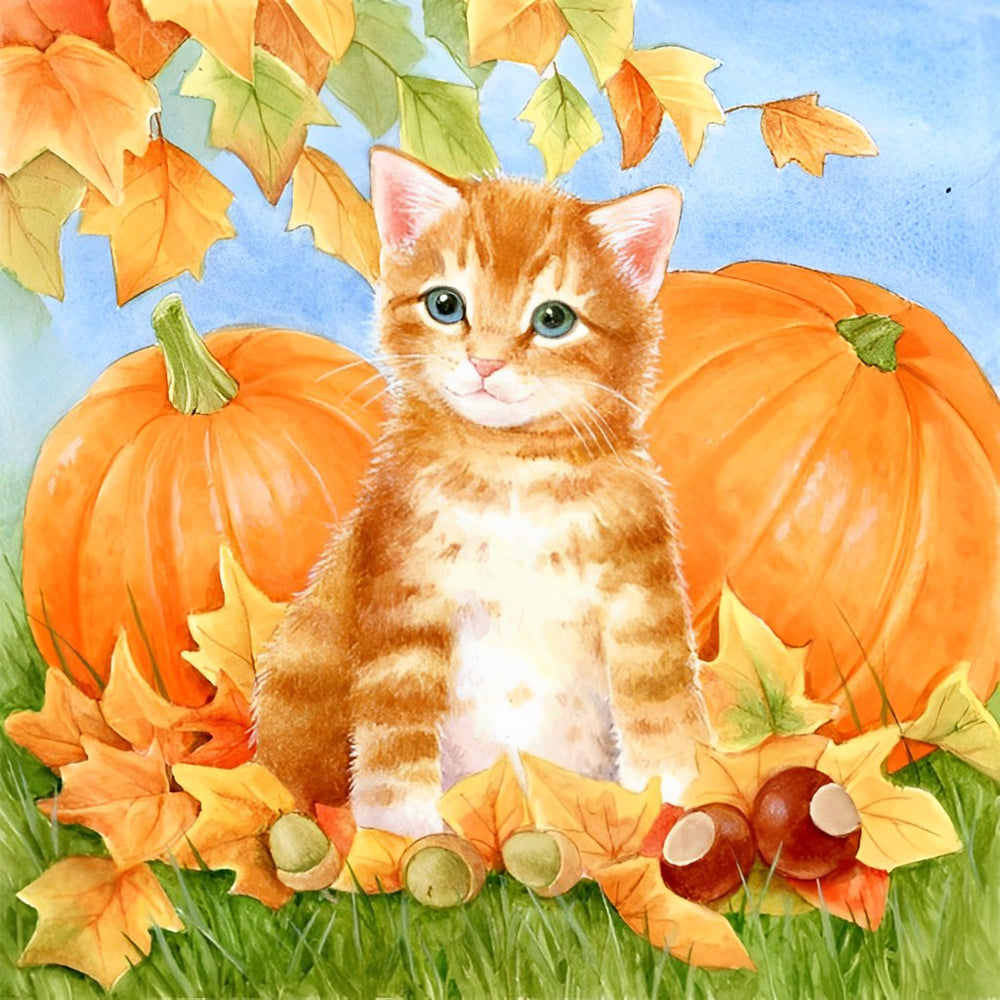 Pompoenen en een Kat onder een Esdoornboom Diamond Painting