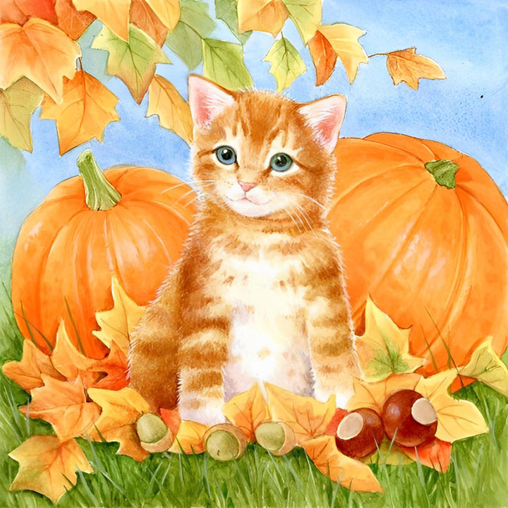 Pompoenen en een Kat onder een Esdoornboom Diamond Painting
