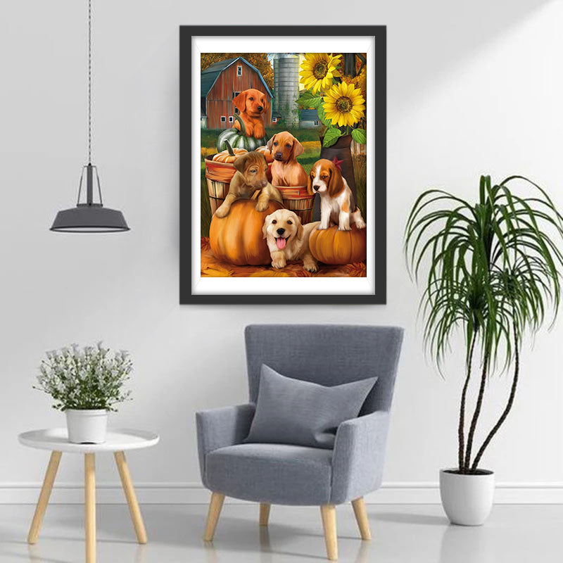 Pompoenen en Honden in de Tuin Diamond Painting