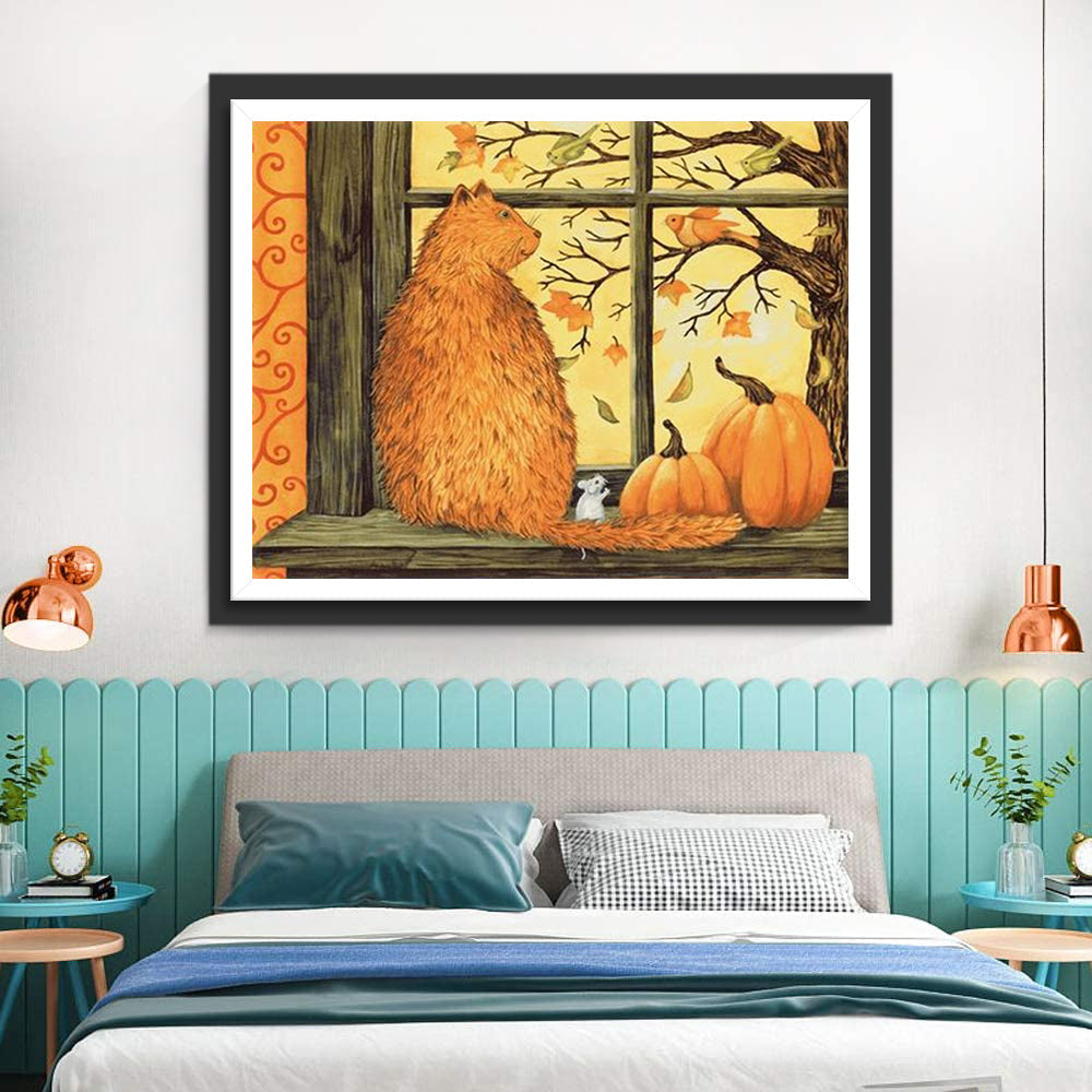 Pompoenen en Kat op de Vensterbank Diamond Painting