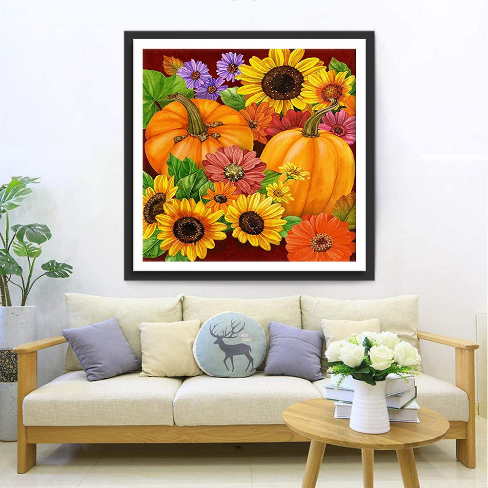 Pompoenen Omringd door Zonnebloemen en Felle Bloemen Diamond Painting