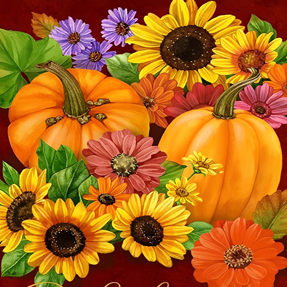 Pompoenen Omringd door Zonnebloemen en Felle Bloemen Diamond Painting