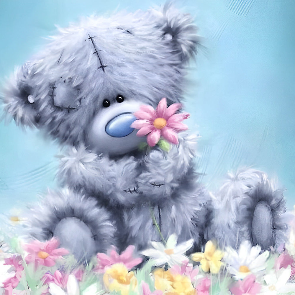 Poppenbeer en Kleurrijke Bloemen Diamond Painting