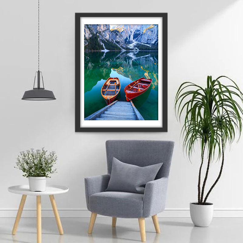 Prachtige Boten en Bergmeerlandschap Diamond Painting