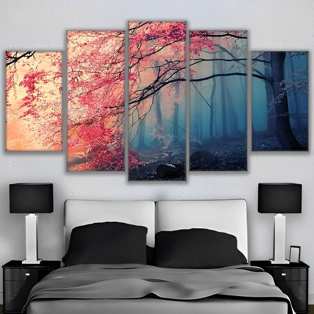 Prachtige Rode Bomen in het Mistige Woud 5 Platen Diamond Painting