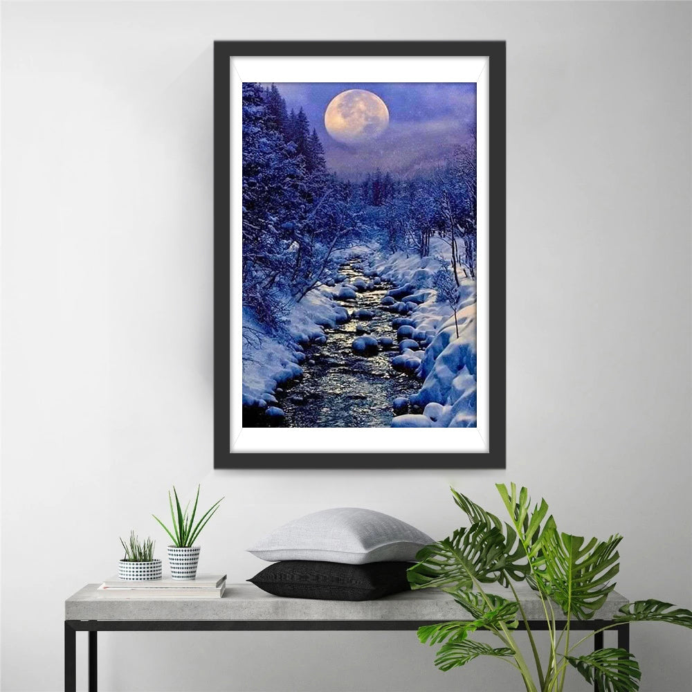 Prachtige Winterstilte onder de Volle Maan aan de Sneeuwrivier Diamond Painting