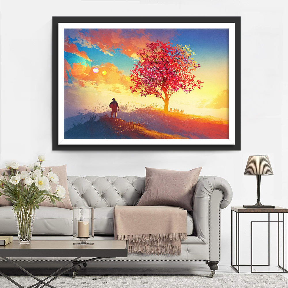 Prachtige Zonsondergang met Rode Boom en Wandelaar Diamond Painting
