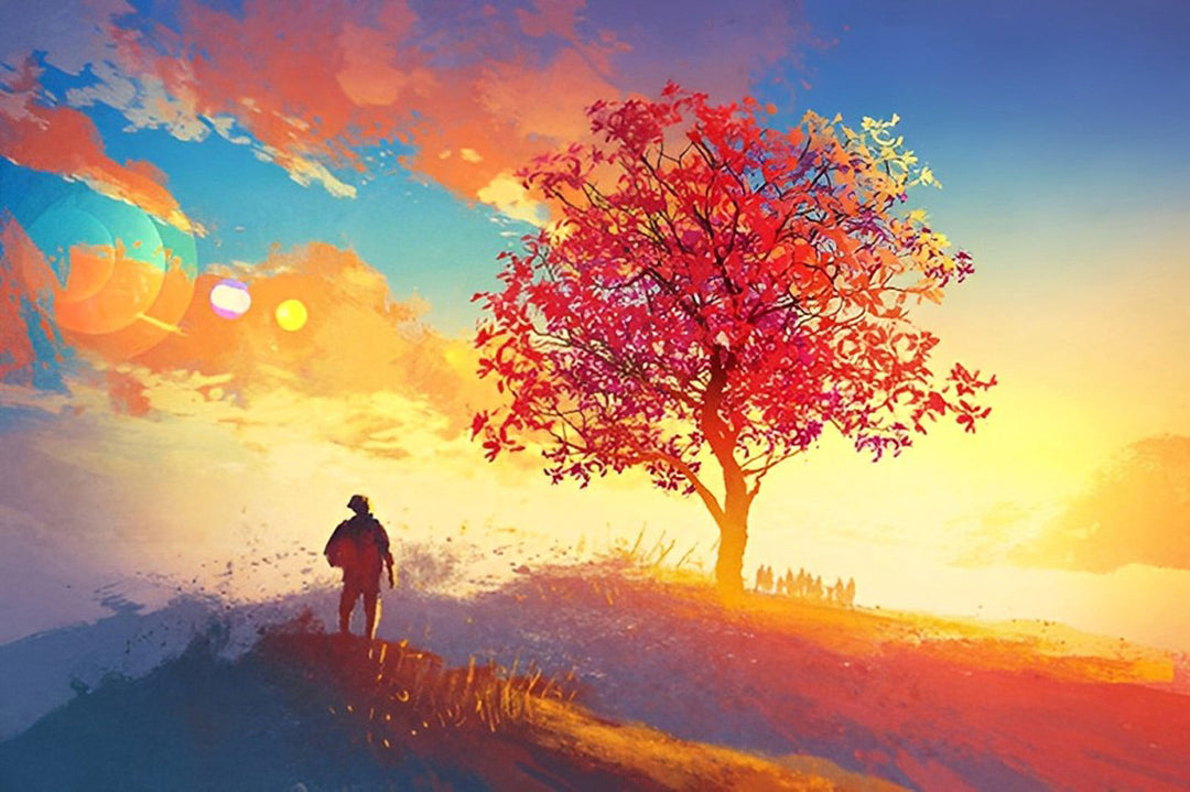 Prachtige Zonsondergang met Rode Boom en Wandelaar Diamond Painting