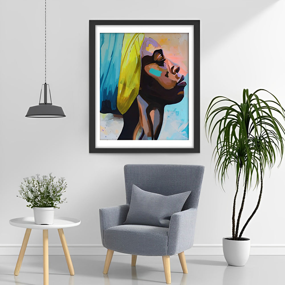Profiel van een Zwarte Vrouw in Gele Tulband Diamond Painting