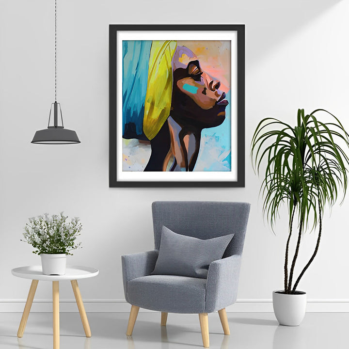Profiel van een Zwarte Vrouw in Gele Tulband Diamond Painting