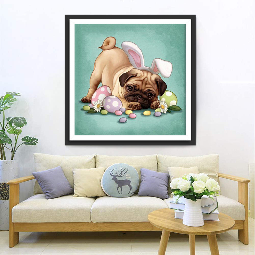 Pug met Konijnenoren bij Paaseieren Diamond Painting