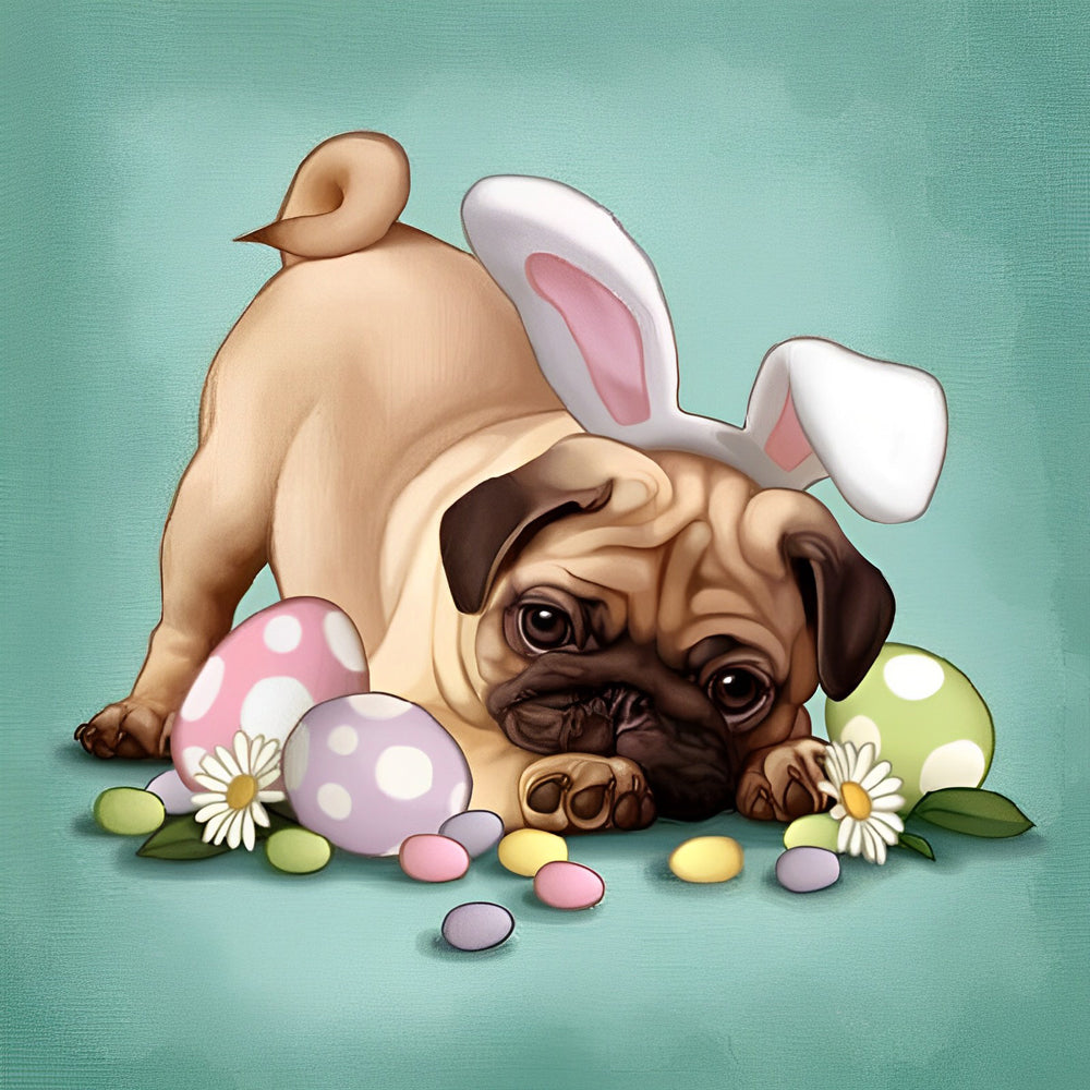Pug met Konijnenoren bij Paaseieren Diamond Painting