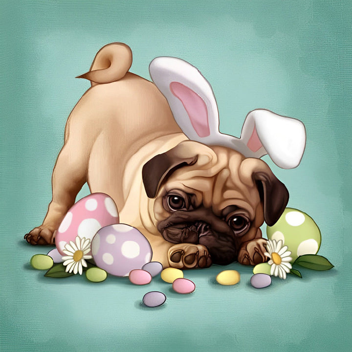 Pug met Konijnenoren bij Paaseieren Diamond Painting