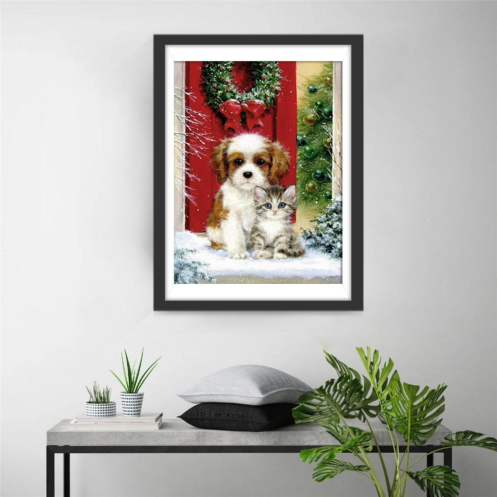 Puppy en Katje in de Sneeuw bij de Deur Diamond Painting