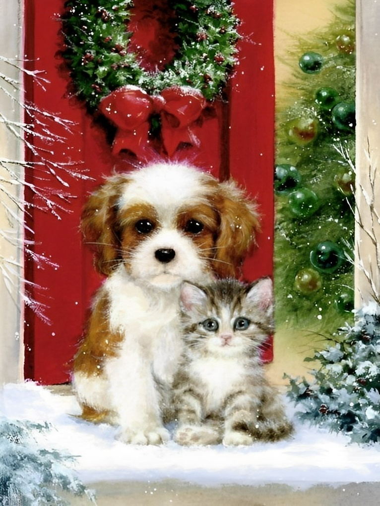 Puppy en Katje in de Sneeuw bij de Deur Diamond Painting