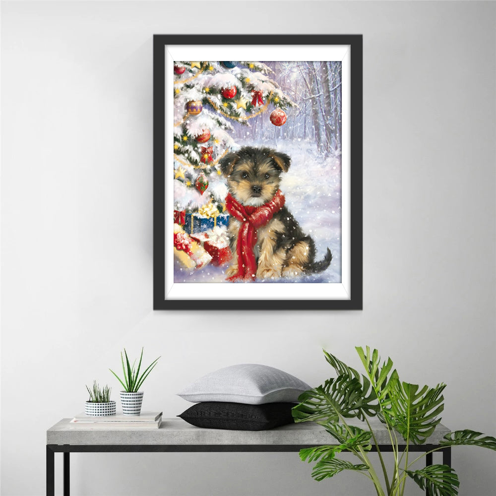 Puppy en Kerstboom Diamond Painting