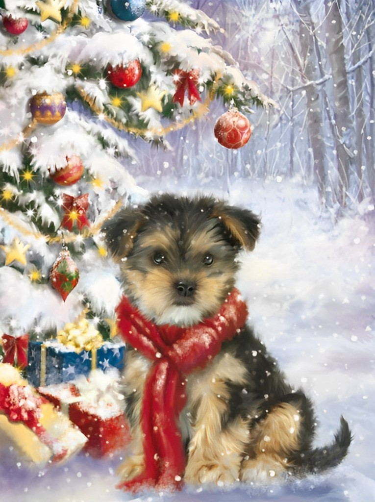 Puppy en Kerstboom Diamond Painting