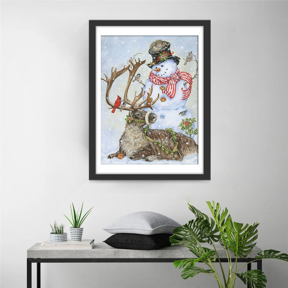 Ree bij Sneeuwpop met Vogels in Kerstsfeer Diamond Painting