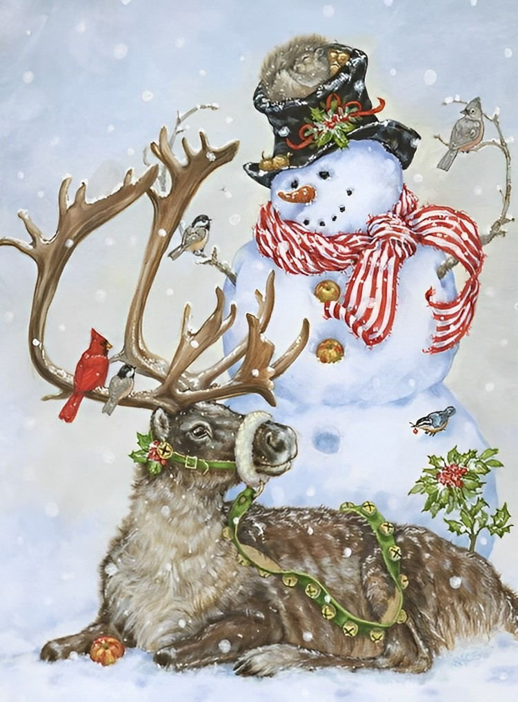 Ree bij Sneeuwpop met Vogels in Kerstsfeer Diamond Painting