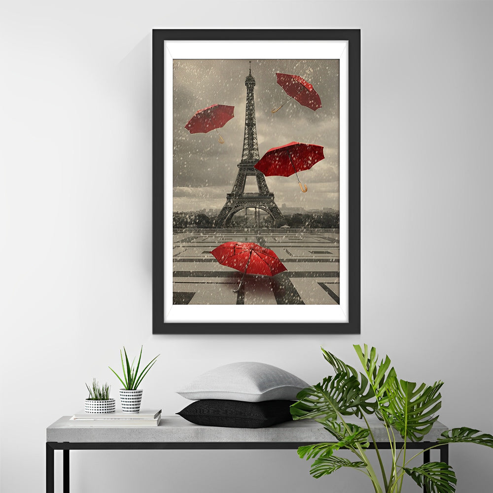 Regen, Rode Paraplu's en de Eiffeltoren Diamond Painting