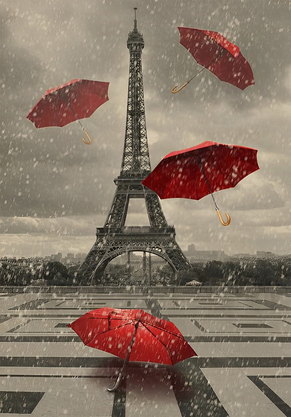 Regen, Rode Paraplu's en de Eiffeltoren Diamond Painting
