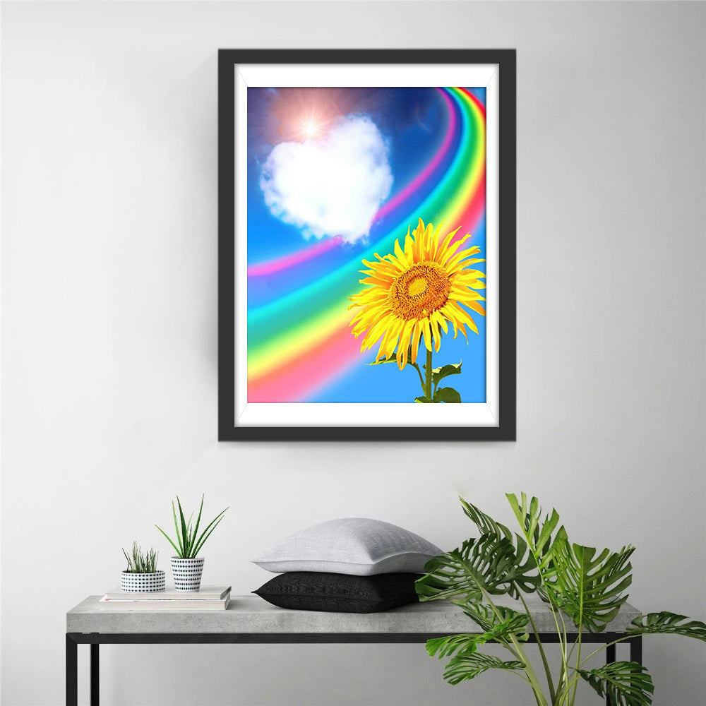 Regenboog, Zonnebloem en Hartvormige Wolken Diamond Painting