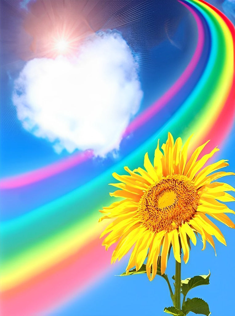 Regenboog, Zonnebloem en Hartvormige Wolken Diamond Painting