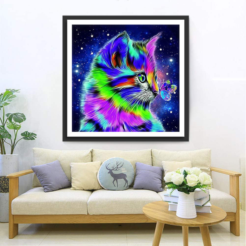 Regenboogdroom van een Kat met Vlinder Diamond Painting