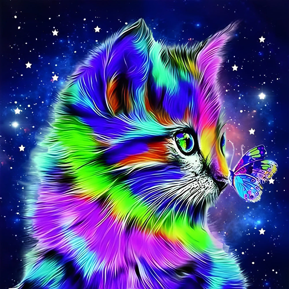 Regenboogdroom van een Kat met Vlinder Diamond Painting