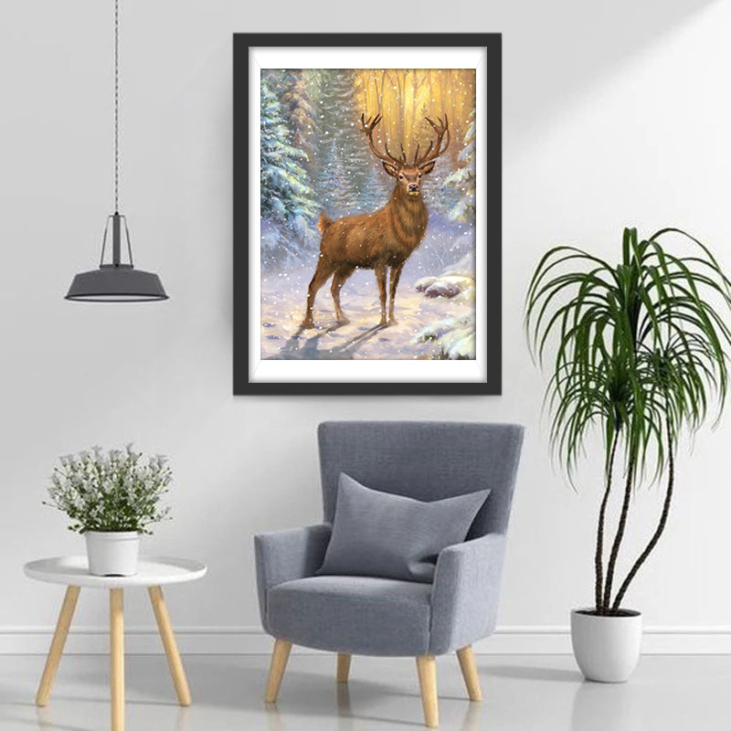 Rendieren naast de Sparrenbomen op een Besneeuwde Dag Diamond Painting