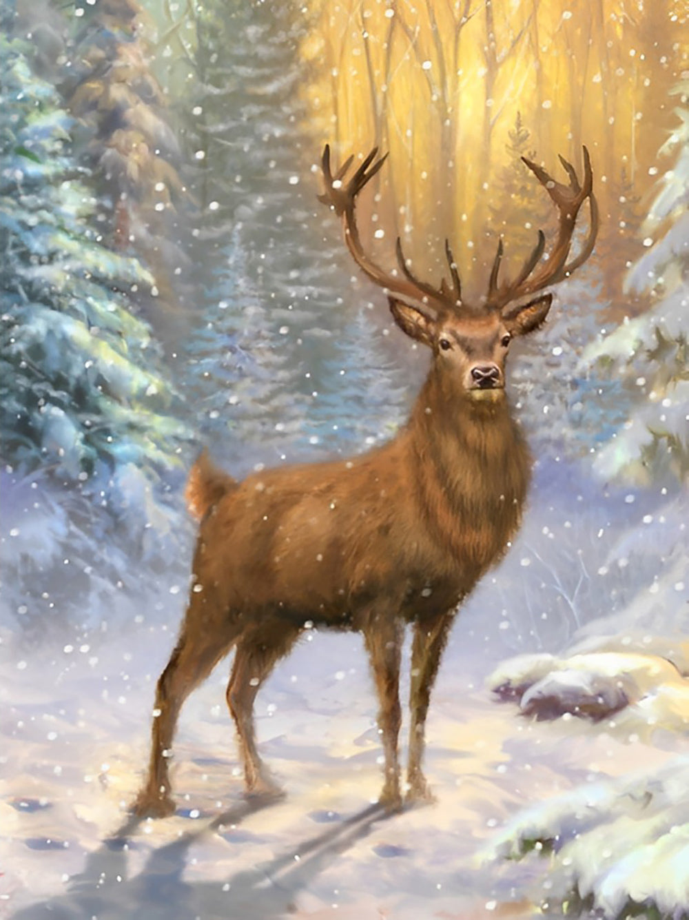 Rendieren naast de Sparrenbomen op een Besneeuwde Dag Diamond Painting