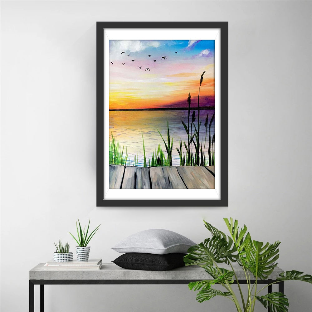 Rieten, Vogels en Glinsterende Waterspiegel Diamond Painting