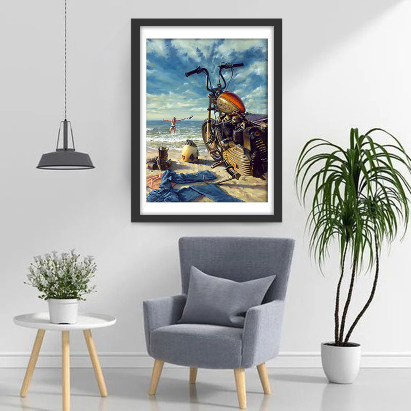 Robuuste Motor met Veiligheidshoom en Bagage op het Strand Diamond Painting