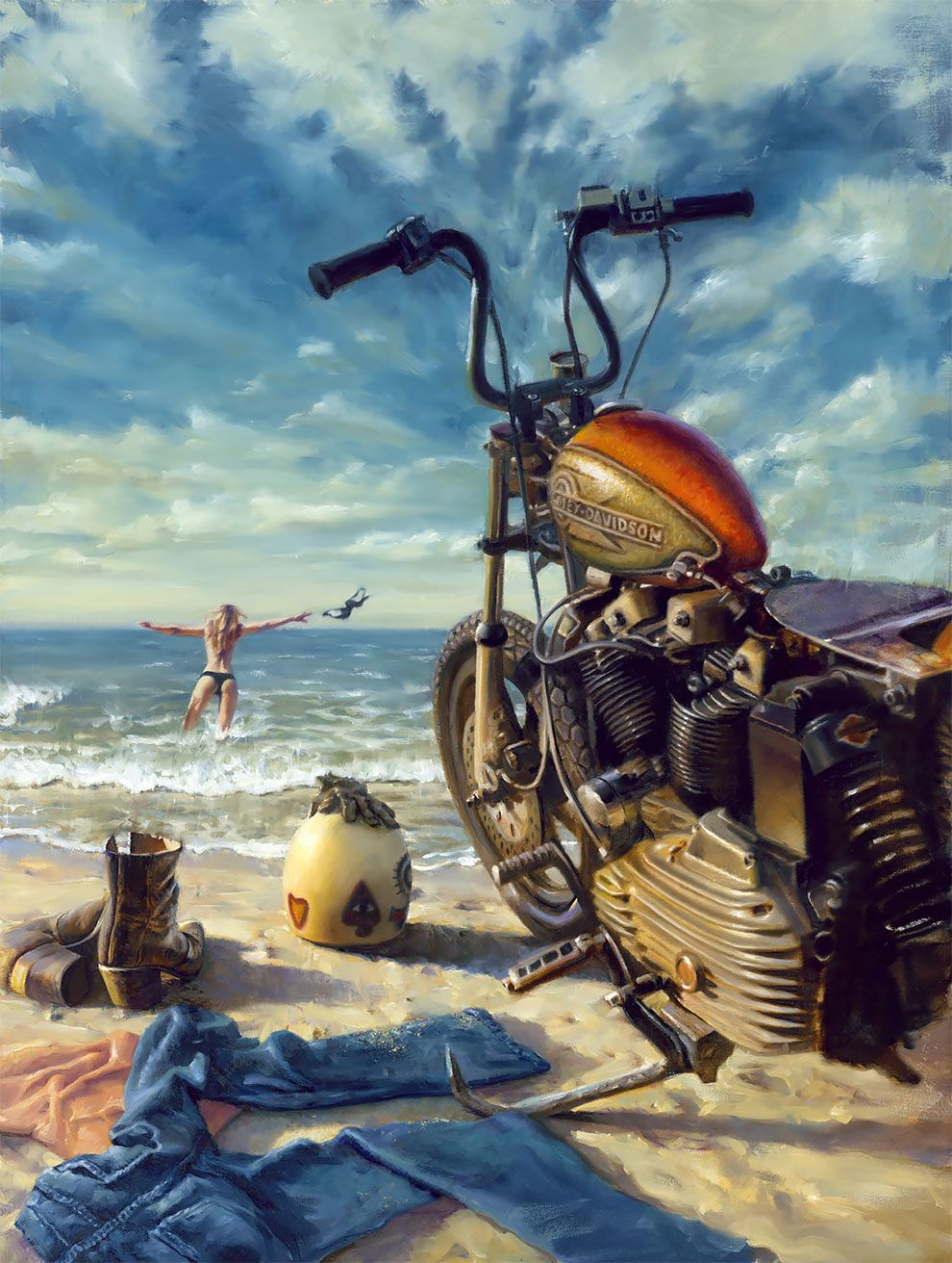 Robuuste Motor met Veiligheidshoom en Bagage op het Strand Diamond Painting