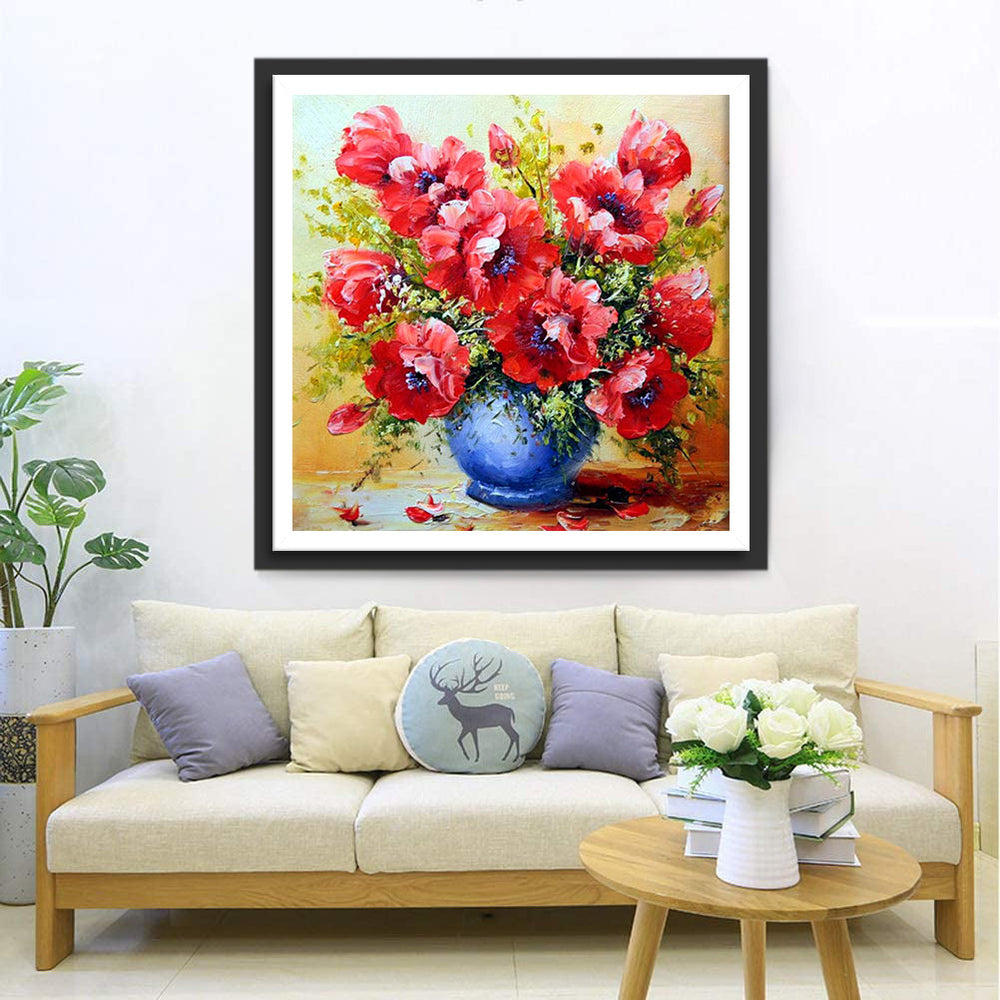 Rode Anemonen in een Blauwe Vaas Diamond Painting