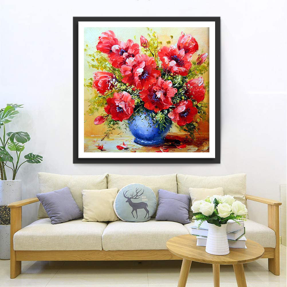 Rode Anemonen in een Blauwe Vaas Diamond Painting